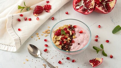 Brazilian pomegranate seeds and creamy dessert in a glass bowl with toppings and fresh fruits