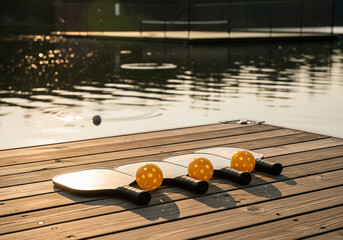 Title: Pickleball paddles and balls on a dock with a court at sunset