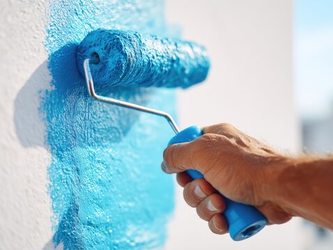 Close-Up of Paint Roller Applying Fresh Blue Paint on Wall Surface