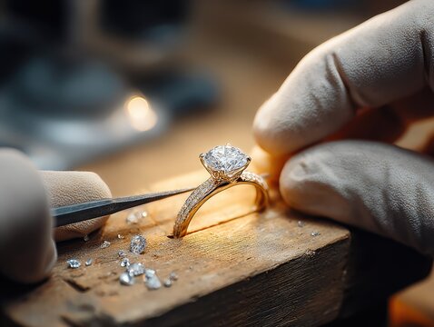 Jeweler Crafting Diamond Engagement Ring by Hand on Wooden Workbench - Powered by Adobe