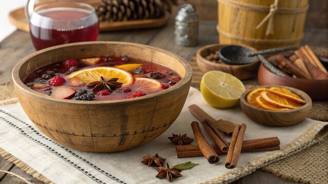 Enjoying Brazilian quente mulled cacha in a cozy setting with spices and fruits during a winter gathering