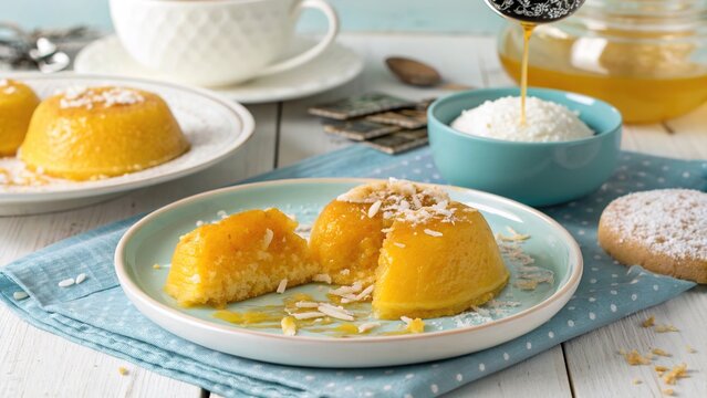 Brazilian quindim dessert on a plate with coconut and egg yolk, served with syrup and a biscuit