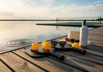 Title: Pickleball paddles and balls on a dock with a court at sunset