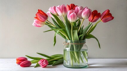 Brightly colored tulips in a glass jar on a simple white table setting