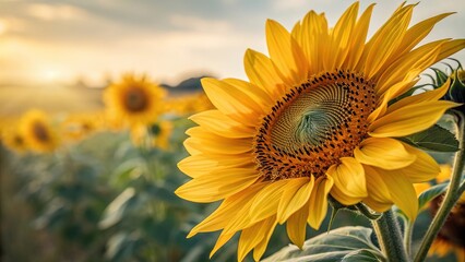 Bright sunflower blooms in golden light during warm sunset hours in a vibrant field