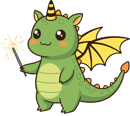 Cute baby dragon with magic wand and wings, adorable kawaii fantasy creature illustration for kids, cartoons, and fairytale themes