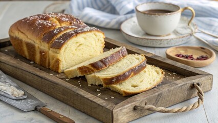 Freshly sliced brioche loaf served on rustic tray accompanied by coffee and side treats