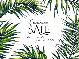 Illustration of an advertising summer banner with tropical plants. Discount template with palm leaves. Botanical frame for invitations