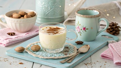 Charming british eggnog served in glass with nutmeg on a cozy table setting this holiday season