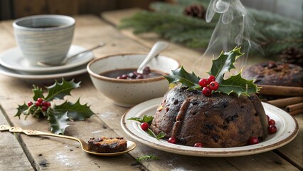 Elegant British Christmas pudding garnished with holly and served with festive sauce on a rustic wooden table