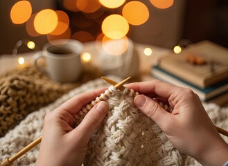Cozy Scene of Hands Knitting Cream Colored Textured Fabric with Warm Bokeh Lights and a Coffee Cup in the Background