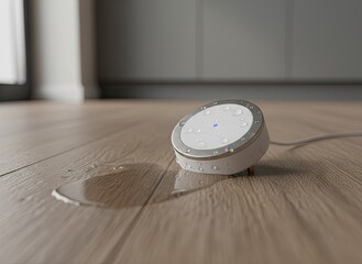 Modern White Smart Home Device with Blue Light Sitting on Wet Wooden Floor With Water Droplets and Subtle Sunlight