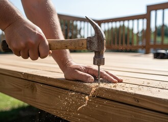 Skilled Hand Gripping Hammer and Driving Nail into Wooden Deck Construction Outdoor Sunny Day CloseUp
