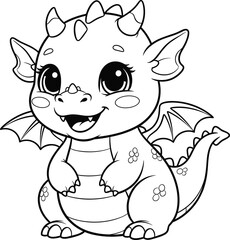 Obraz premium Cute baby dragon coloring page with big eyes, small wings, and adorable scales, perfect for kids’ printable fantasy artwork