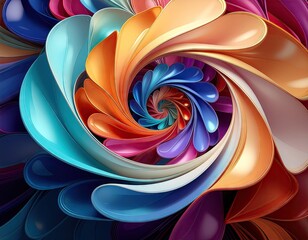 Vibrant Colorful Abstract Swirl Pattern With Many Petal Shapes And Metallic Edges In A Spiral Formation