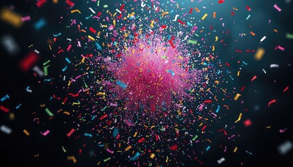 A burst of vibrant streamers and sparkling particles creates a festive explosion of color, perfect for celebrating joyous moments and special events