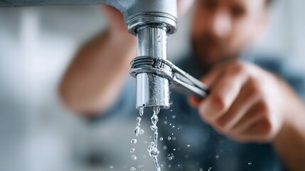 Close up of a plumber s hands using an adjustable wrench to repair a leaking faucet with water droplets falling from the fixture