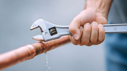 Skilled hand grips adjustable wrench on a damaged copper pipe stopping a water leak with dripping fluid illustrating repair and maintenance work