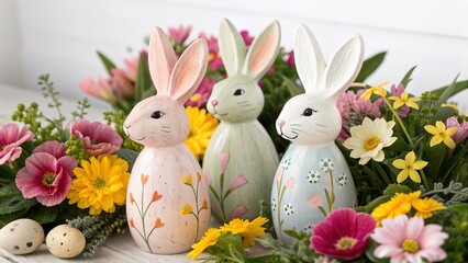Bunny figurines surrounded by vibrant flowers in a lively spring display