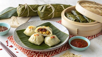 Delicious burmese mont lone yay paw rice dumplings served with spicy sauce and fresh ingredients
