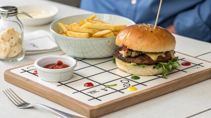 Delicious burger and fries served in a stylish modern setup with a unique grid-patterned tray