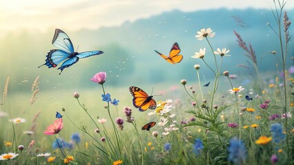 Butterflies flying over vibrant wildflowers in a serene meadow during golden hour