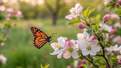 Butterfly rests on spring flower in a vibrant garden full of life