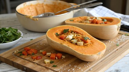 Butternut squash halves filled with a colorful mixture on a wooden cutting board with fresh herbs and diced vegetables