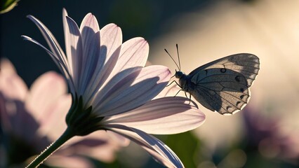 Butterfly casts a delicate shadow on a soft flower petal during sunset in a serene garden setting