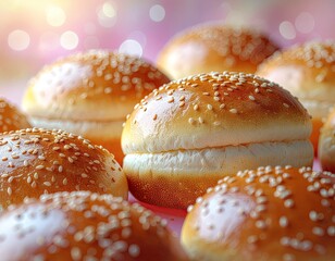 Golden Brown Sesame Seed Hamburger Buns Soft Texture Ready for Grilling on a Bright Pink Surface with Bokeh Lights