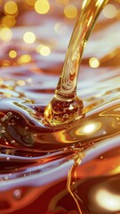 Golden Amber Liquid Pouring into Rippling Surface with Soft Bokeh Lights in Warm Tones