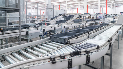 packing line in a logistics warehouse. conveyor belt in a modern production line