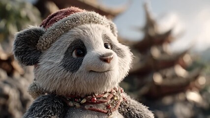 Adorable Christmas Panda Delivers Warm Festive Blessings in Winter