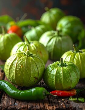 Abundant tomatillos and chili peppers are staged on rustic wood, illuminated by natural light, highlighting texture