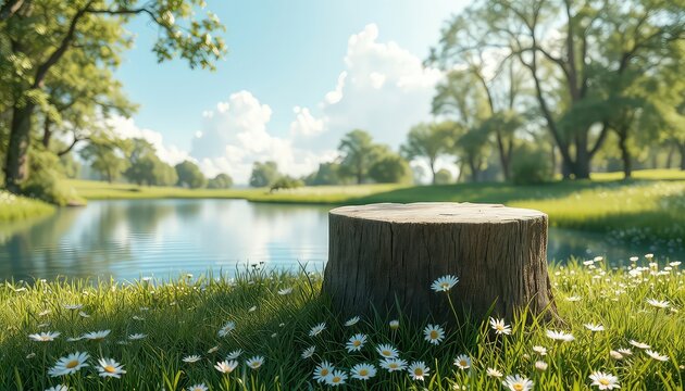 Natural tree stump display for outdoor product showcases or serene nature scene backdrops - Powered by Adobe