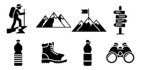 Hiking and Mountain Climbing Gear Icons for Outdoor Adventures and Sports