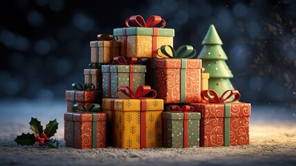 Stacked wrapped presents with tied ribbons are adorned with holly branch and miniature tree