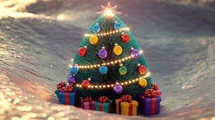 A glowing Christmas tree shines with presents against a reflective watery surface that glistens brightly