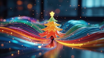 Luminous star tops the colorful Christmas tree above iridescent neon waves sparkles gently