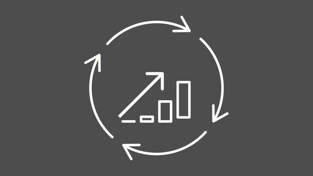 Statistics improvement white line animation. Efficiency growth animated icon. Spinning arrows. Graph showing up. Economics, finance. Isolated element on dark background. Alpha transparent video