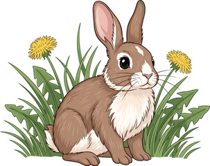 Cute brown rabbit sitting among green grass and yellow dandelion flowers in detailed nature wildlife vector illustration