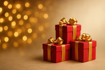 Tre pacchi regalo rossi con fiocchi dorati su sfondo dorato. Generative AI