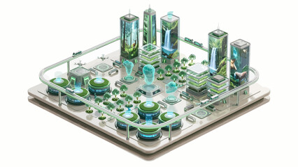 Fototapeta premium Isometric eco-friendly smart city model showcasing sustainable technology and futuristic urban planning with renewable energy sources and green infrastructure