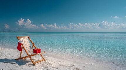 Obraz premium Tropical Christmas concept features a wooden deck chair with a red stocking and gift box on a white sand beach facing the blue sea.