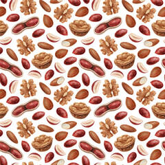 Watercolor hand drawn illustration seamless background pattern with kind of nuts peanuts, almonds, walnuts, isolated on white.