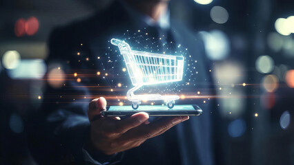 A person using a smartphone with a glowing holographic shopping cart icon, representing online shopping and e-commerce technology. Futuristic digital interface concept with data connections
