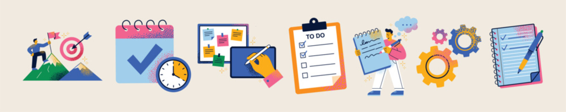 People planning and note taking, checklists, calendars, flowcharts, notes, target and trophy icons set. Flat vector illustration. Productivity, planning and workflow management concept 