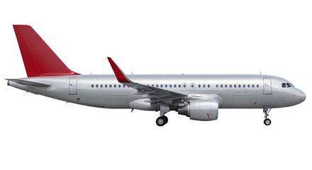 White airplane with red tail and stabilizer isolated on a transparent background aircraft