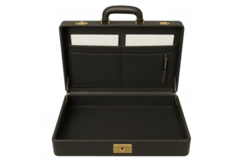 Open professional black leather briefcase with an empty interior, symbolizing business, finance, a new career, and future opportunities