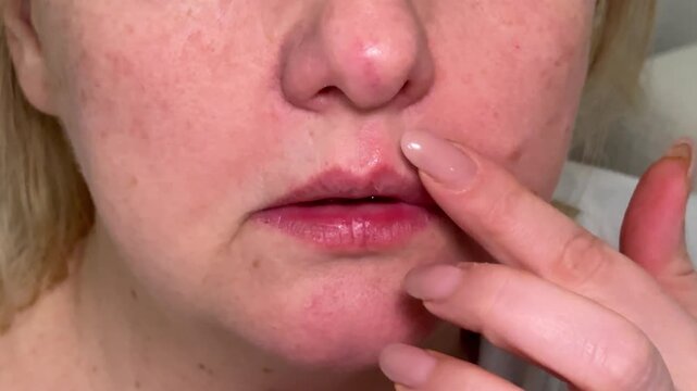herpes on the lip in Woman checking her damaged lips with cold and herpes painful redness and bruising from rashes. Decreased immunity, allergy and illness.